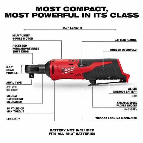 Heavy Duty M12 Three Eighth Drive Cordless Ratchet Battery Operated Power Tool Boasting Kickass Torque And Rock Solid Build features detailed diagram.