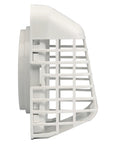 Side view of 4 Inch Outdoor Dryer Hood With Bird Guard And No Fuss Easy Clean Louvers, Universal Fit, UV Weather Resistant, White.