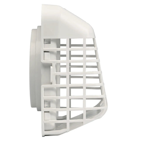 Side view of 4 Inch Outdoor Dryer Hood With Bird Guard And No Fuss Easy Clean Louvers, Universal Fit, UV Weather Resistant, White.