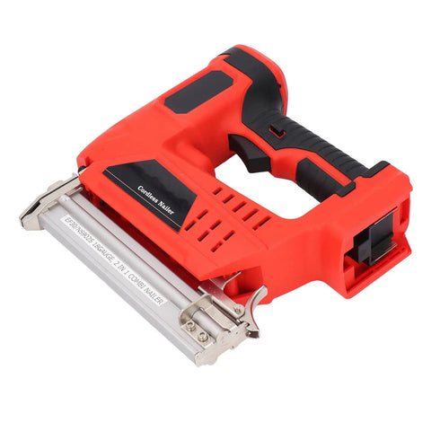 No Sweat Garage Grade Brushless Cordless Brad Nailer With Rapid Single Contact Firing Mode for smooth nail driving in red and black design.