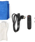 Accessories for Top Shelf 49 Inch Interactive Touchscreen Kiosk: cleaning cloth, gloves, remote, power cord, and connectors.