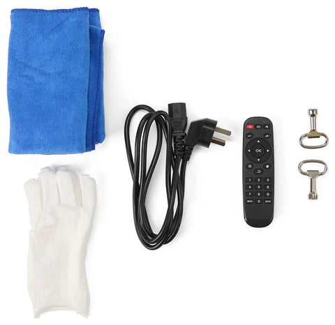 Accessories for Top Shelf 49 Inch Interactive Touchscreen Kiosk: cleaning cloth, gloves, remote, power cord, and connectors.