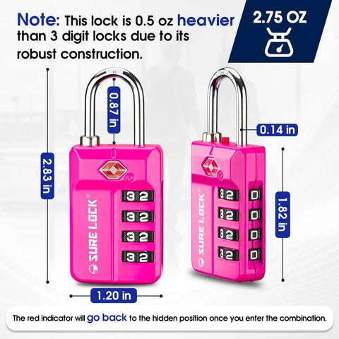TSA Approved 4 Digit Luggage Lock With Resettable Combination And Red Dot Open Alert For Instant Status Check Hardened Shackle