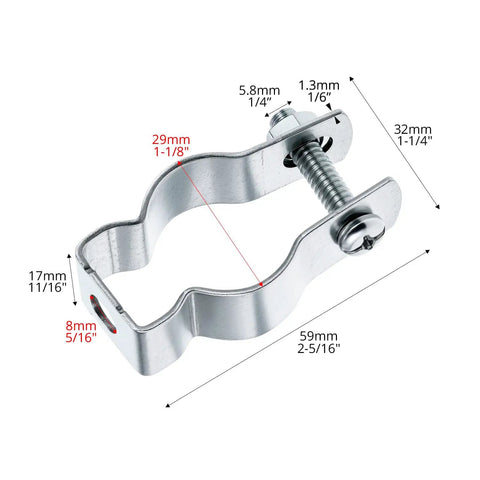 Rock Solid 3/4 Inch EMT Conduit Hangers 20 Pack With Bolts Zinc Plated Insulated Pipe Clamps detailed dimensions of pipe clamp.