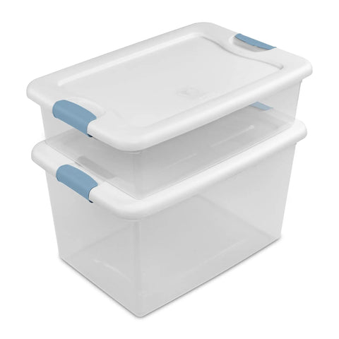 Stacked 64 Quart Clear Latching Storage Boxes 4 Pack With White Lids Heavy Duty Stackable Plastic Bins for organization