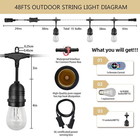Diagram showing Outdoor String Lights For Patio And Backyard 48 Feet RGBW LED Bulb Set features.
