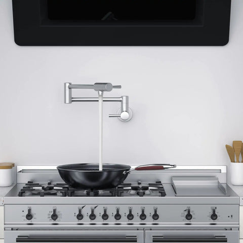 Brushed Stainless Pot Filler Faucet Wall Mount With Stretchable Double Joint Swing Arm Two Handle Kitchen Faucet Stovetop Use