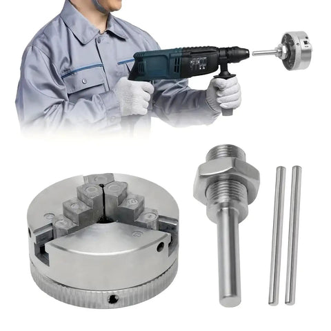Three Jaw Chuck For Wood Lathe With Self Centering System Ideal For Woodworking CNC And Drills Expands Fixture Options Heavy Duty High Strength Chuck Delivers Stable Grip Smooth Operation And Precise Quick Change Capabilities. Three-jaw chuck with drill adapter and jaws shown for wood lathe setup