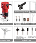 Beast 650W 110V Wood Router For DIY Projects Compact Handheld Tool with accessories including bits, edge guide, wrenches, and chucks.