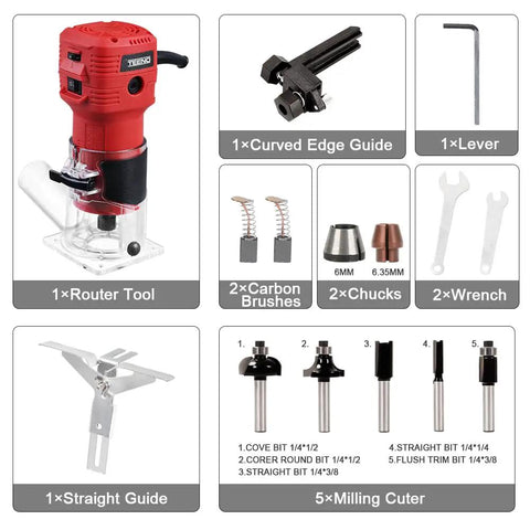 Beast 650W 110V Wood Router For DIY Projects Compact Handheld Tool with accessories including bits, edge guide, wrenches, and chucks.