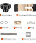 Two Piece Mini Hold Down Clamp Kit For CNC Routers components including twist nut, main body, washers, brass rod, and spring.