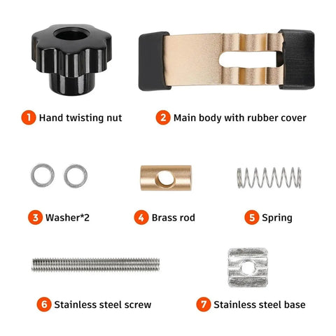 Two Piece Mini Hold Down Clamp Kit For CNC Routers components including twist nut, main body, washers, brass rod, and spring.