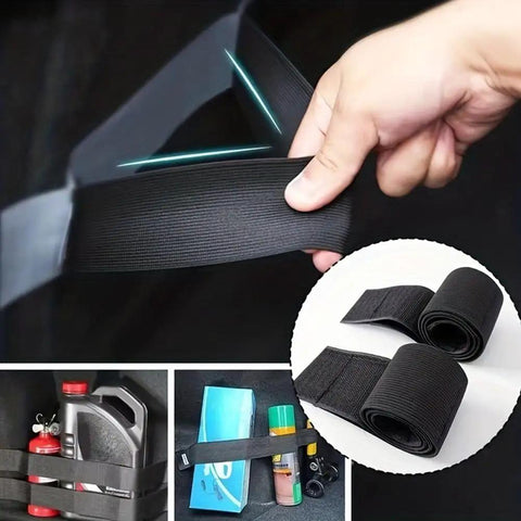 Heavy Duty Car Trunk Organizer Straps With Hook And Loop Tape for SUVs Sedans Vans and RVs, shown securing items in trunk.