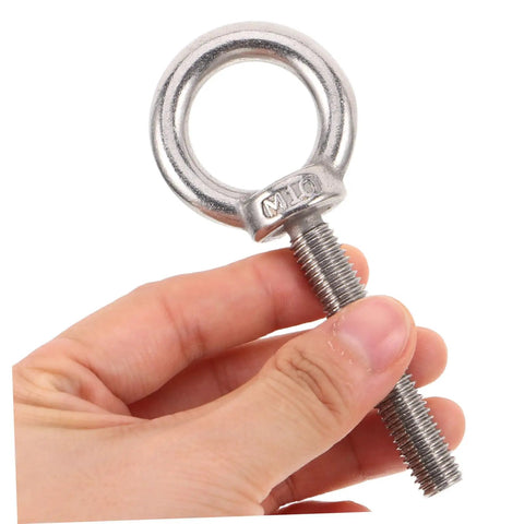 Built Like A Tank Stainless Steel Eye Bolts M10x60 Heavy Duty Hardware Kit with locking nut held in hand.
