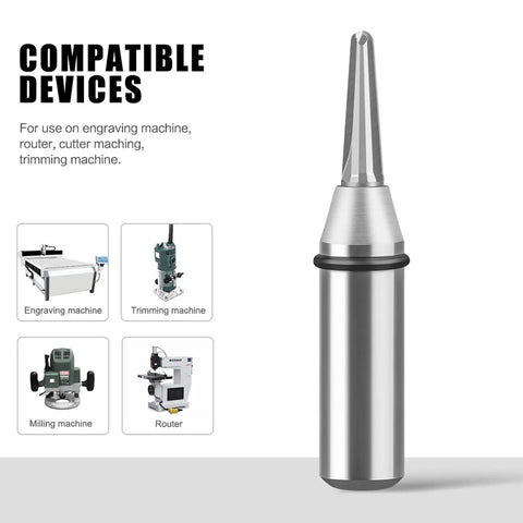 Cool Pro Carbide Router Bit With Tapered Ball Nose For Woodworking pros, showing compatibility with engraving and trimming machines.