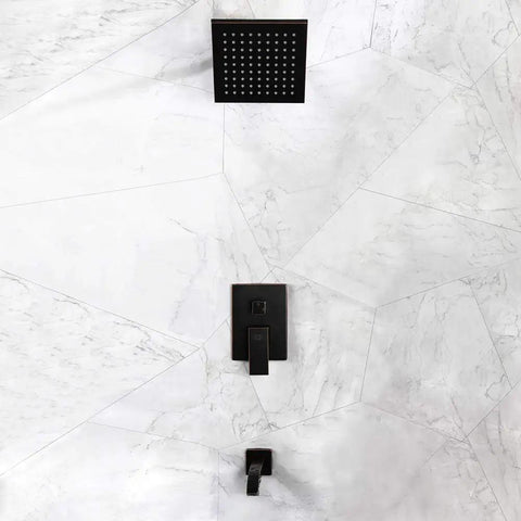 Shower Faucet With Tub Spout In Oil Rubbed Bronze Wall Mounted Rainfall Shower Head And Handle Set on marble wall