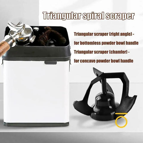 Electric Coffee Portafilter Cleaner With Built In Knock Box For Espresso Stations and Spiral Scraper for seamless ground removal.