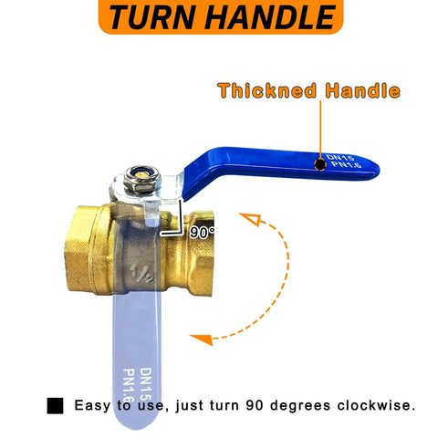 Beefy Two Pack Half Inch Full Port Brass Ball Valve with Blue Handle, showing 90-degree turn rotation and thickened handle detail.