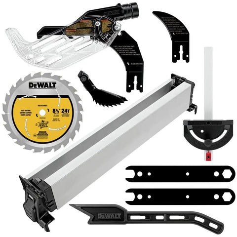 Badass Cordless Table Saw With 8 Inch Blade And 24 Inch Rip Capacity Featuring Flexvolt Auto Voltage Switching accessories and components.