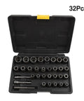 Premium 32 Pc Bolt Extractor Socket And Nut Remover Kit With 1/4 In And 3/8 In Adapters For Crushing Rusted Bolts And Lug Nuts Like A Pro In Workshop Or Home Repairs With Precision Metal Sockets. 32-piece metal socket set in case
