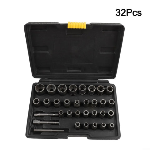 Premium 32 Pc Bolt Extractor Socket And Nut Remover Kit With 1/4 In And 3/8 In Adapters For Crushing Rusted Bolts And Lug Nuts Like A Pro In Workshop Or Home Repairs With Precision Metal Sockets. 32-piece metal socket set in case