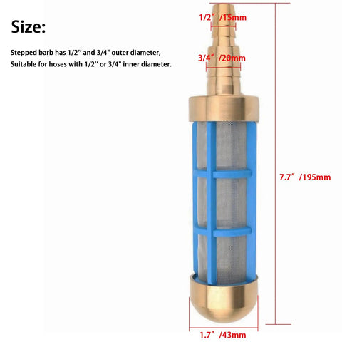 Brass Heavy Duty Inlet Filter For Hose With Three Quarter Inch And One Half Inch Barbs Stainless Steel Screen And Nylon Frame