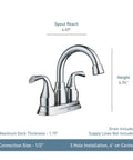 Idora Mediterranean Bronze Two Handle Centerset Bathroom Faucet With Drain Assembly High Arc Spout Easy Install 4 Inch Centerset Design Old World Style For Sinks with dimensions shown