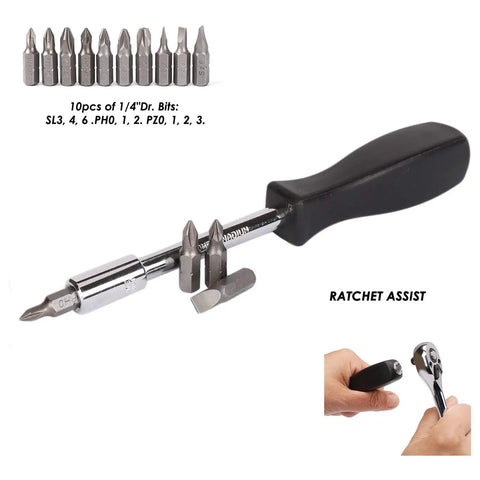 62-Piece One Quarter-Inch Drive Socket Set with bits, ratchet assist tool, 1/4 inch drive bit handle, black grip handle, and pointed bits