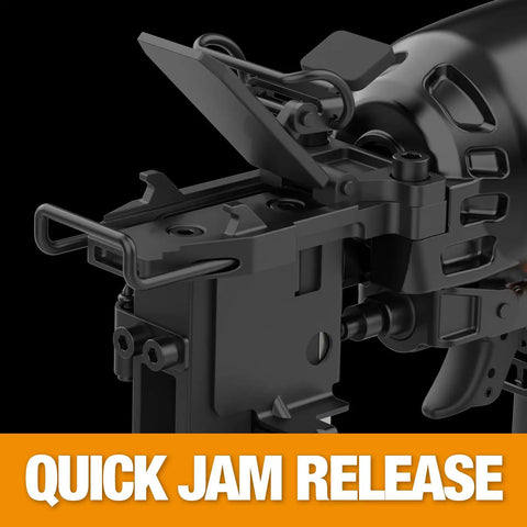 Close-up of quick jam release on Pneumatic 16 Gauge Wide Crown Stapler For Construction Projects And Heavy Duty Roofing Sheathing