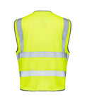 Back view of Built Tough Class Two High Visibility Construction Vest With Nine Roomy Cargo Pockets And Heavy Duty Zipper Front For All Day Job Site Comfort In Bold Safety Yellow.