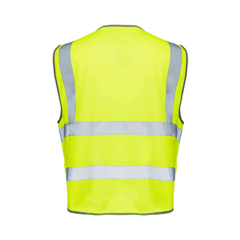 Back view of Built Tough Class Two High Visibility Construction Vest With Nine Roomy Cargo Pockets And Heavy Duty Zipper Front For All Day Job Site Comfort In Bold Safety Yellow.
