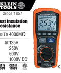 ET600 Multimeter Megohmmeter Insulation Tester With Auto-Ranging TRMS Readouts displayed with specifications on screen