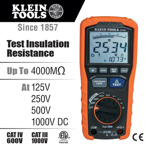 ET600 Multimeter Megohmmeter Insulation Tester With Auto-Ranging TRMS Readouts displayed with specifications on screen