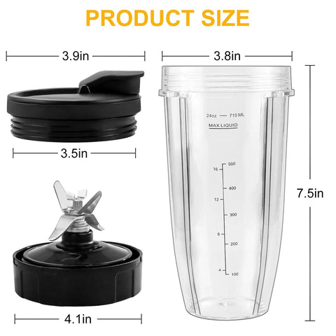Two 24oz Replacement Cups With Lids And 7 Fin Blade For All In One Personal Blenders Includes 2 Spout Caps 5 In 1 Replacement Kit