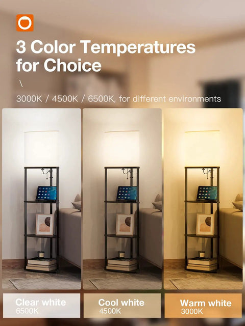 Space Saving 4 Tier Corner Shelf Floor Lamp With USB Type C Port 1 Power Outlet And 3CCT LED Bulbs displayed in three color temperatures.