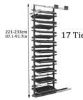 Slick Pull Out Shoe Rack For Mounted Closet With 17 Tier Adjustable Metal Shelves That Expand 33.5 Inches Deep showing dimensions and tier layout.