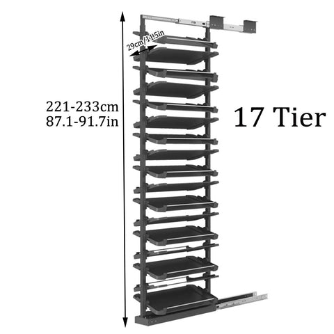 Slick Pull Out Shoe Rack For Mounted Closet With 17 Tier Adjustable Metal Shelves That Expand 33.5 Inches Deep showing dimensions and tier layout.