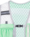 Hydration Vest Pack For Running And Outdoor Adventures with reflective zipper panels and adjustable straps, green, close-up