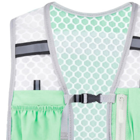 Hydration Vest Pack For Running And Outdoor Adventures with reflective zipper panels and adjustable straps, green, close-up