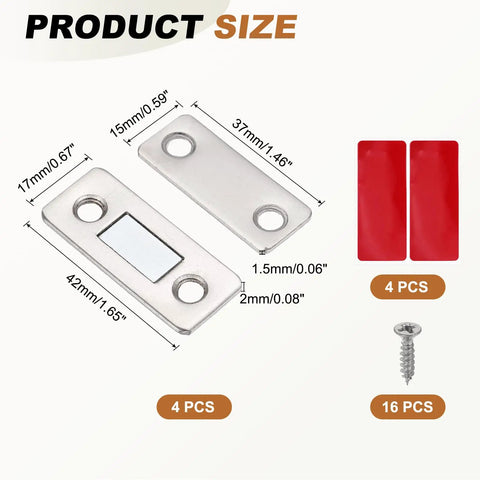 Ultra Slim Stainless Steel Cabinet Door Magnets, 4 Pack With Double Sided Tape and Screw Mount, Hella Strong Magnetic Catches, product size