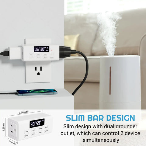 Slick Countdown Timer Outlet Pair Featuring One Touch Digital Dual Plug With Massive Backlit LCD Display, slim design in use with a digital device.