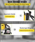 User-friendly features of Badass 750W Magnetic Drill Press showing ergonomic handle and rocker-type lifting rod.