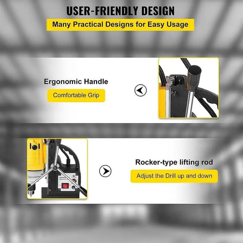 User-friendly features of Badass 750W Magnetic Drill Press showing ergonomic handle and rocker-type lifting rod.