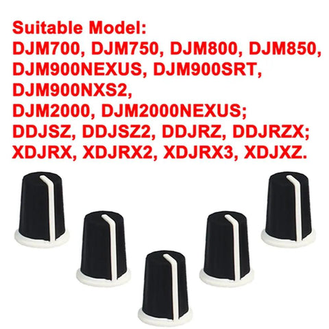 5 Pack EQ Knob Replacement Set For DJ Controllers And Mixers Durable Potentiometer Fader Caps visible with compatible models listed.