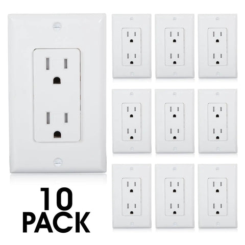 Tamper Resistant Duplex Receptacle White Wall Outlet 15 Amp Standard Decorative Electrical Outlet Contractor Pack With Wall Plates Included Easy Push In And Terminal Screw Installation 10 Pack