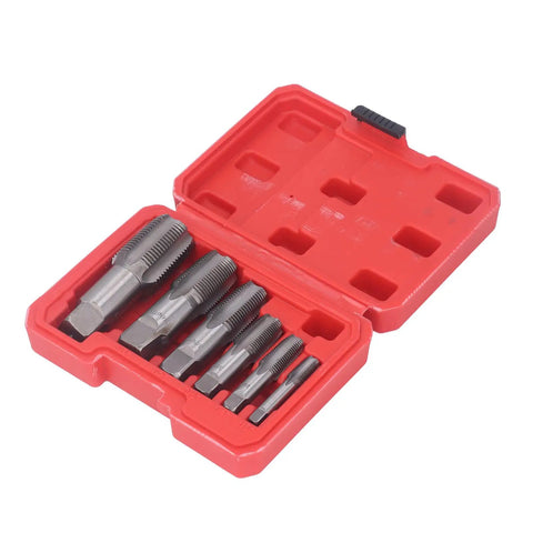 Rock Solid Six Piece NPT Pipe Tap Set Made From Super Strong Carbon Steel For Easy Plumbing Repairs, PVC Fitting Fixes And Auto Work Including Rethreaded Jobs On 18 To One Inch Pipes, red case open