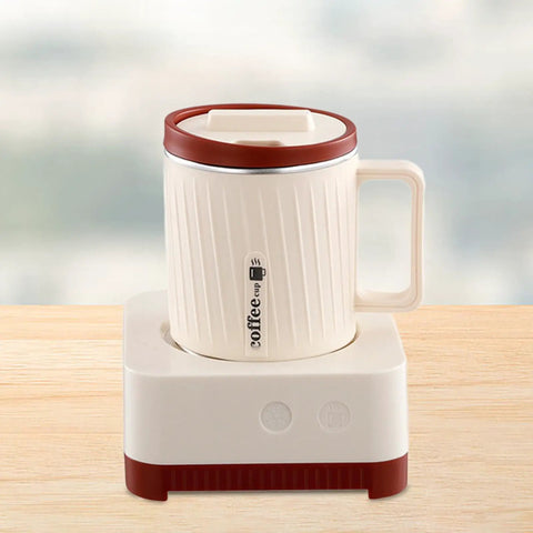 Electric Coffee Warmer And Dual Cooling Mug Goes Hard Keeping Your Drinks Hot Or Cold Exactly When You Want Them Milky White Red mug on heating pad