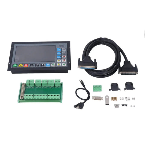 4 Axis CNC Motion Controller DDCSV41 Standalone Offline System components with 7 inch TFT display, cables, and connectors.