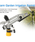 1.5 Inch Aluminum Alloy Irrigation Sprinkler Spray Gun For Lawn And Garden, 360 Degree Rotary Watering, mounted on stand