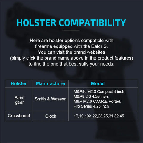 Holster compatibility details for Baldr S Blue Beam Tactical Flashlight With 800 Lumens White LED, showing brands and models.